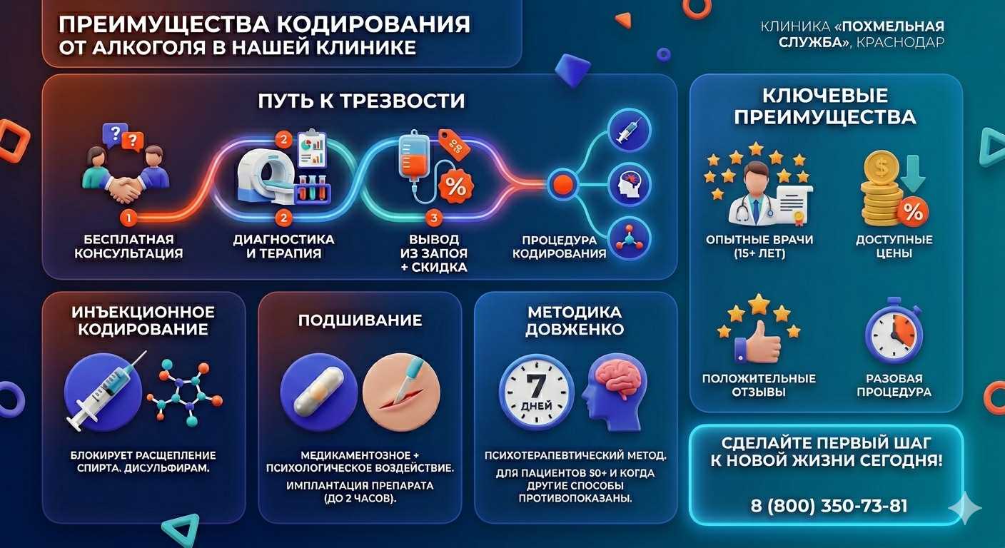Инфографика о методах кодирования от алкоголя в Пскове: инъекции, подшивание, метод Довженко. Преимущества клиники и этапы лечения.